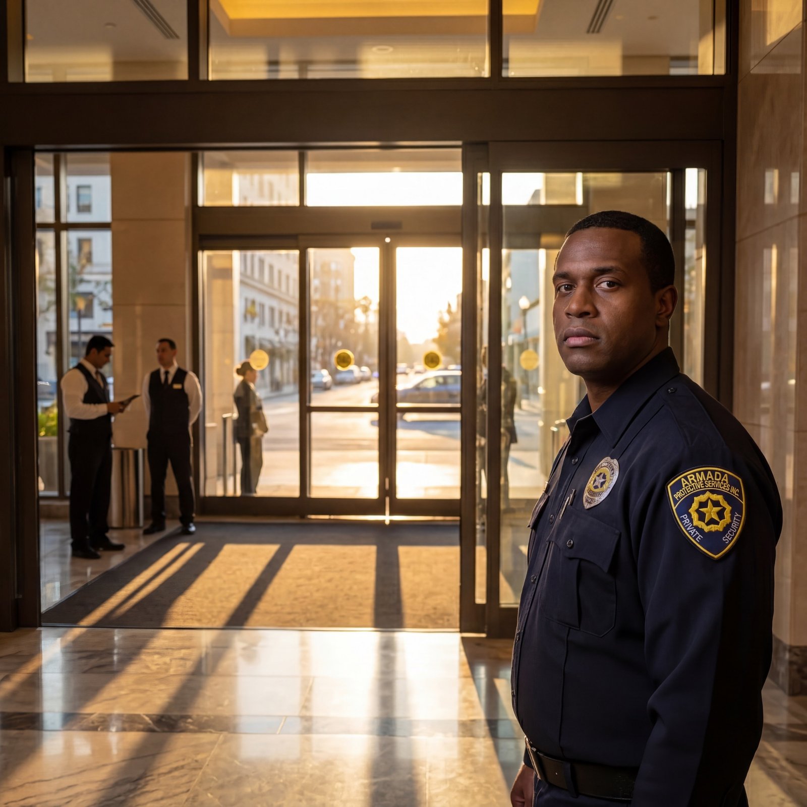 Generated 4K image that passed QA: an Armada security officer in a sunset-lit corporate lobby, wearing the correct Armada Protective Services patch.