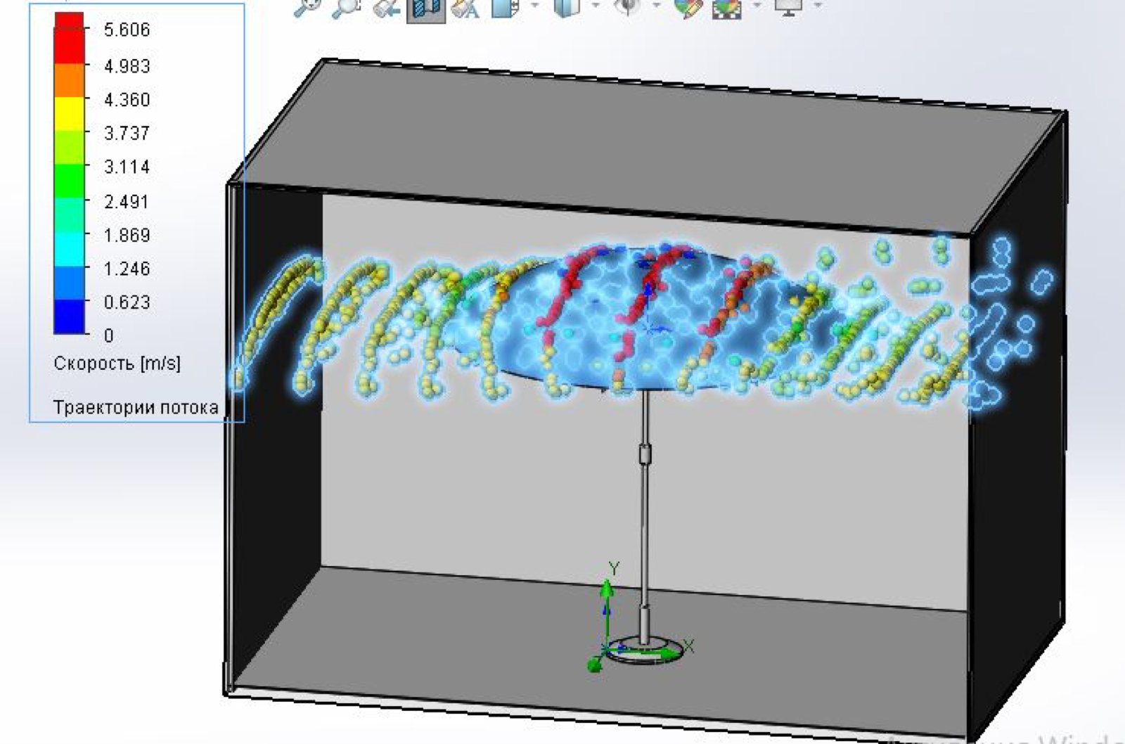 SolidWorks Flow Simulation — umbrella inside a virtual wind-tunnel box, flow-trajectory particles colored by velocity from 0 to 5.6 m/s, showing lift and overturning force over the canopy